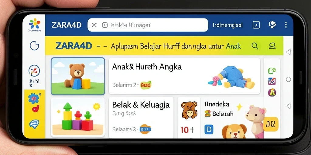 Tampilan interaktif ZARA4D saat anak belajar huruf dan angka.